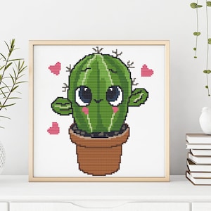 Schema punto croce moderno con fiori in vaso, cactus e piante grasse, facile da usare per principianti, schema per ricamo PDF da scaricare