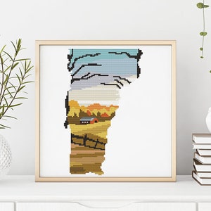 Vermont,Vermont State,Kreuzstichmuster,Vermont Landschaft,USA Silhouette xStitch,Natur einfach gezählt Kreuzstichvorlage,Berg, Wald