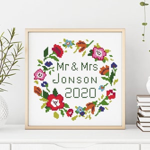 Wedding floral wreath cross stitch flowers anniversary gift love couple personalized custom - Cross Stitch Pattern (Digital Format - PDF)