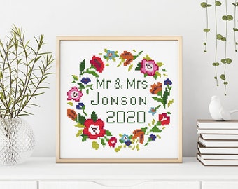 Wedding floral wreath cross stitch flowers anniversary gift love couple personalized custom - Cross Stitch Pattern (Digital Format - PDF)