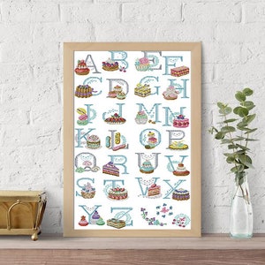 May include: A cross-stitch alphabet chart featuring a variety of pastel-colored cakes and pastries. Each letter of the alphabet is decorated with a different cake design.