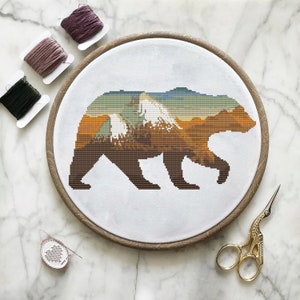 USA animals Bear Cross Stitch Pattern modern,mountains,landscape,animal silhouette,nature,watercolor, national parks, rocks instant PDF