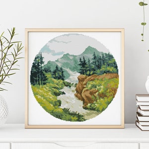 Landscape Cross Stitch Pattern, tree, river counted cross stitch chart, mountains cross stitch , nature, hoop art, embroidery, instant PDF