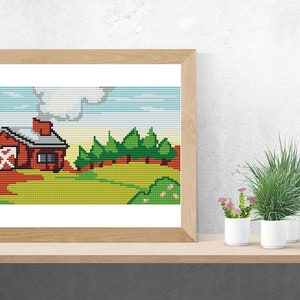 Small farm House Landscape Cross Stitch Pattern | Village House at the Country Side | Vintage PDF Pattern | Counted Chart Download | Nature