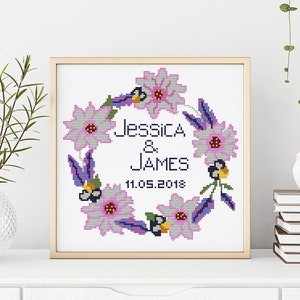 2020 Floral wreath wedding record counted cross stitch pattern round peonies shower engagement - Cross Stitch Pattern (Digital Format - PDF)