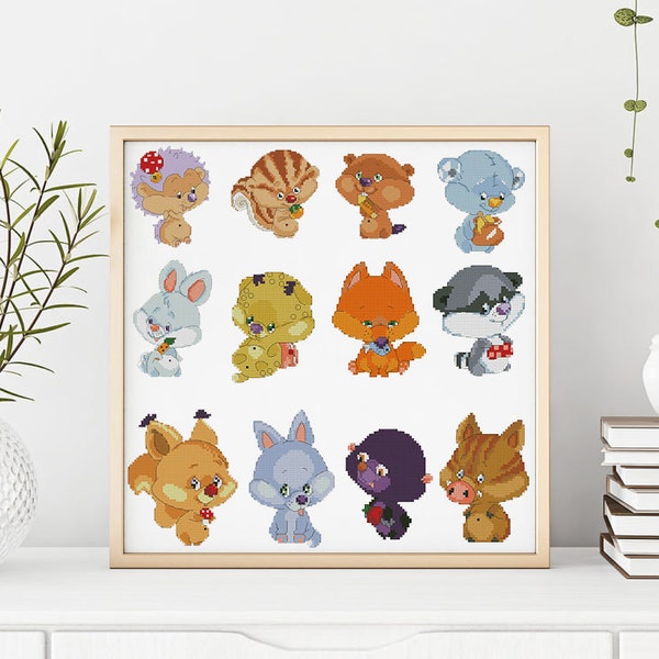 Baby animals cross stitch patterns set baby pdf, set of 6 fox deer bear raccoon owl Enchanted nursery decor tapestry kids cross stitch