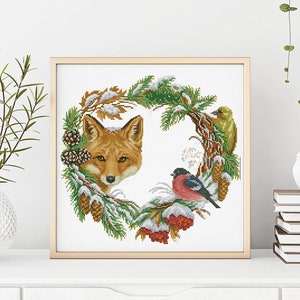 Christmas Fox Wreath Cross Stitch Pattern, Holiday Animal Design (PDF)