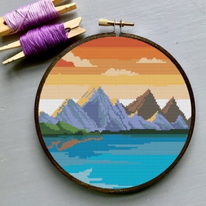 Cross Stitch Pattern Landscape, Nature Cross Stitch Chart, Forest, Lake, Mountain, Tree, Woodland, Landscape, Clouds, Digital Format - PDF