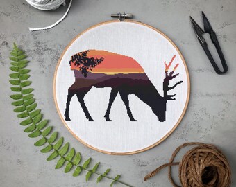Deer Landscape Cross Stitch Pattern, Nature Embroidery (PDF Download)