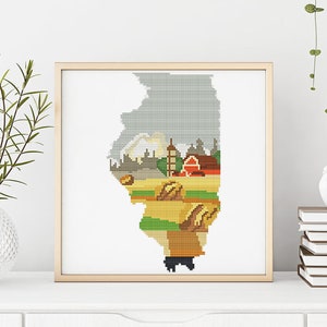 Patrón de punto de cruz de Illinois Mapa de la naturaleza punto de cruz Paisaje Punto de cruz del estado Illinois mapa bordado País punto de cruz Needlepoint