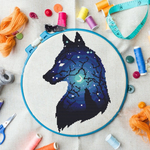 Wolf Silhouette - Easy Cross Stitch Pattern PDF, Wolf cross stitch pattern 2020, Modern wolf cross stitch,moon, night sky,Cross stitch gift