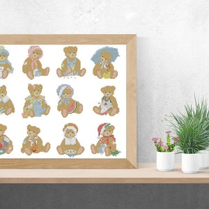 May include: A framed print featuring twelve charming teddy bears dressed in various outfits. The bears are all brown with white faces and are wearing a range of attire, including a dress, a hat, and a scarf. This print would be ideal for a nursery or child's room.