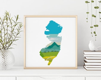 New Jersey state counted cross stitch pattern USA silhouette nature landscape design xstitch - Cross Stitch Pattern (Digital Format - PDF)