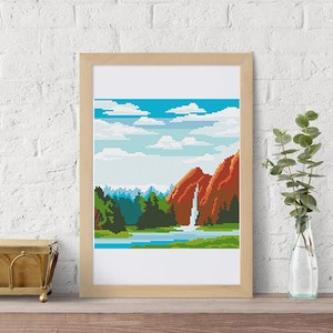 Landscape Modern Cross Stitch Pattern, Nature Counted Cross Stitch Chart, Mountain, Forest, River, Trees, Waterfall, Instant Download PDF