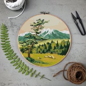 Landscape Mountains Modern Cross Stitch Pattern PDF, Forest Counted Cross Stitch Chart, Nature Xstitch, Hoop Embroidery Instant Download