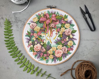 Floral Wreath cross stitch pattern PDF, Flower cross stitch, Modern Xstitch chart, Floral Needlepoint Design, Cross Stitch Flowers, Hoop Art