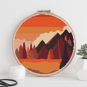 Landscape Mountains Modern Cross Stitch Pattern PDF, Forest Counted Cross Stitch Chart, Nature Hoop Art Embroidery Instant Download