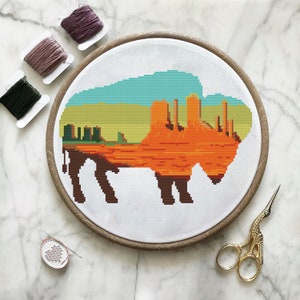 Bison Modern Cross Stitch Pattern, Animal Silhouette Mountains Counted Cross Stitch Chart, Nature Landscape Embroidery Forest, Buffalo PDF