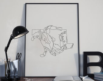 Maryland Crab Print | Maryland State Art | Single Line | Minimalist Blue Crab Poster | Black and White Wall Art | Modern Print