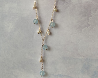 14K gold-filled Aquamarine Necklace for Women, Freshwater Pearl Beaded Necklace, Gemstone Jewellery Gift