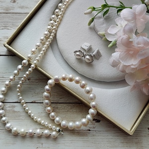 Natural Pearl jewelry set,Double-layer pearl necklace,Dainty bracelet,Natural Freshwater Pearl Stud Earrings,Gift forbridal,Mothers day gift