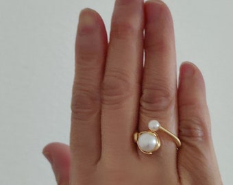 Simple pearl ring，14K Gold filled wire wrapped Pearl rings，Pearl handmade ring，Freshwater Pearl adjustable ring，Everyday ring，gift for her