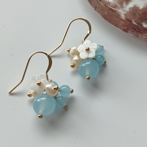 Aquamarine earrings/Crystal Drop Earrings/March Birthstone earrings/Natural Gemstones/Pearl earrings/Shell flower earring/Dainty Earrings