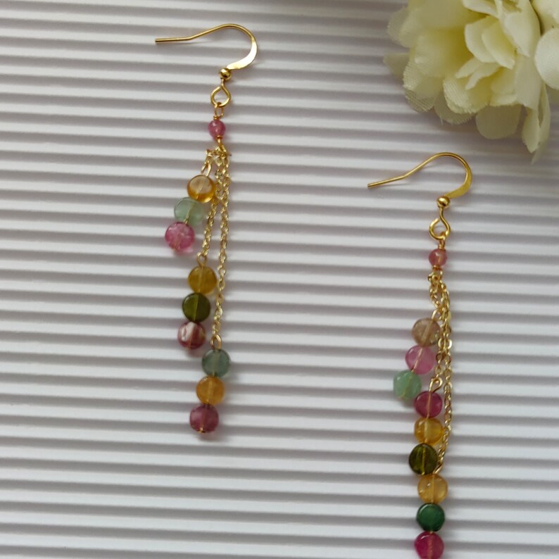 Multicolor Tourmaline Dangle Earrings, Minimalist Tourmaline gold chain earring, October Birthstone Gift image 6