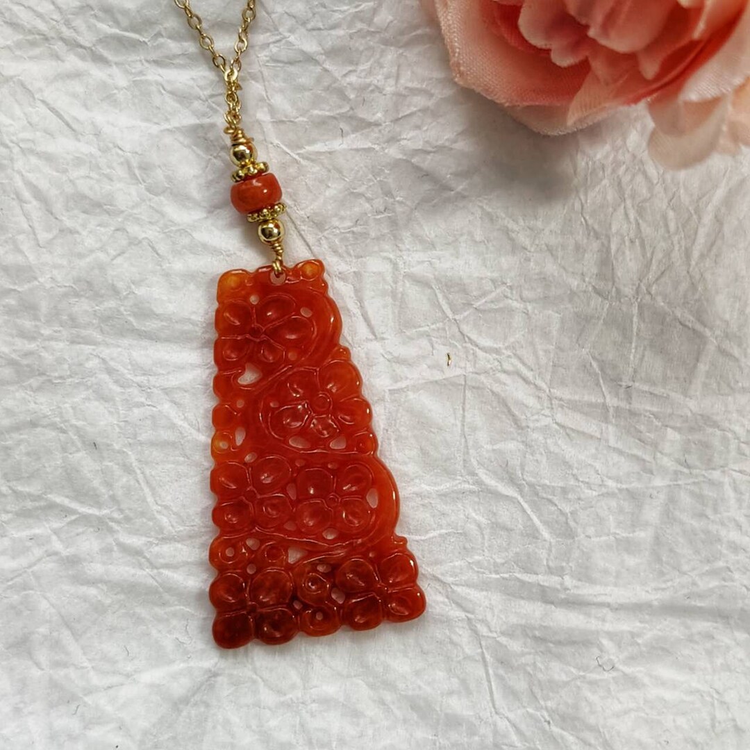 Real Jade Necklacehand Carved Red Jade Pendant14k Gold - Etsy