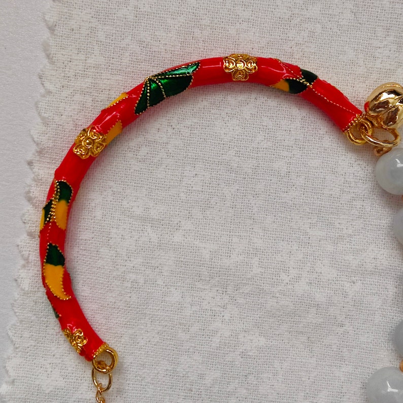 Jade Personalized bracelet, Jade bracelet bangle real, Unique cloisonne red half bangle, Handcraft cloisonne bracelet, Gift for her image 4