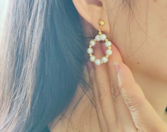 Pearl drop earring,Handmade Round Earrings，Hoop Earrings，Dangle Earrings，Gift for her