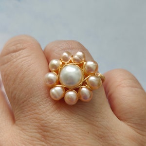 Pearl Ring,Handmade Flower Ring,Pearl Statement Ring,Orange pearl Ring,Gold wire winding adjustable ring，gift for her