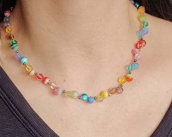 Regenboog SPECIALE glaskralenketting, kleurrijke handgemaakte sieraden, kawaii pastel choker, Y2K-stijl cadeau voor haar
