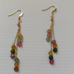 Multicolor Tourmaline Dangle Earrings, Minimalist Tourmaline gold chain earring, October Birthstone Gift image 7