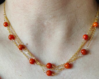 Red Agate Multi Strand Necklace，gold filled layered red，gift for her