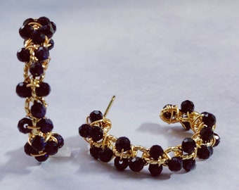 Blue sandstone gold earrings，Blue  Goldstone Hoop Earrings, Handmade gold earrings, 14k gold wire winding earring,  Gift for her