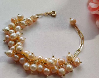 Orange Pearl Boho bracelet, Paper clips cluster bracelet, Wedding bracelet，Bridesmaid gifts