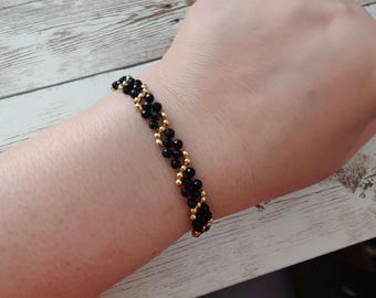 Black spinel bracelet – with gold beads bracelet, hexagonal faceted crystal beads –Adjustable handmade minimalist jewelry