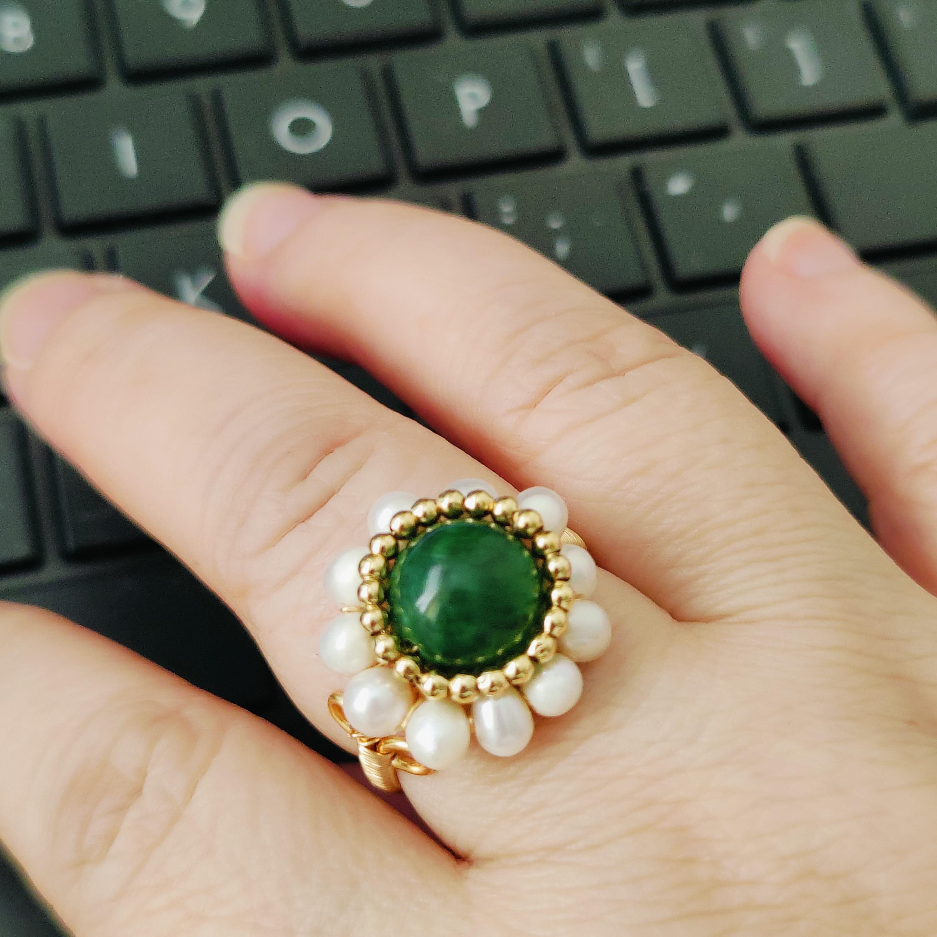 Anillo de compromiso de jade verde y perla hecho a mano, ajustable