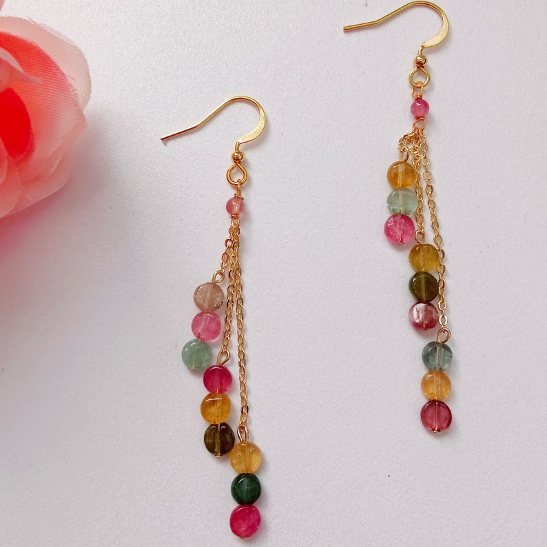 Multicolor Tourmaline Dangle Earrings, Minimalist Tourmaline gold chain earring, October Birthstone Gift image 2