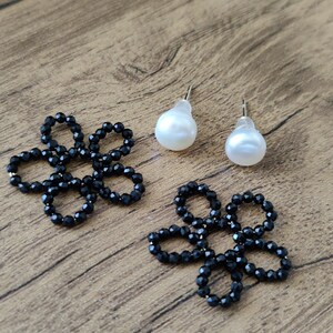 Black Spinel Earrings，Flower Earrings, pearl , Boho Earrings，Minimalist  Earrings, Two-ways ear, Pearl Ear Studs, Dainty Ear Studs