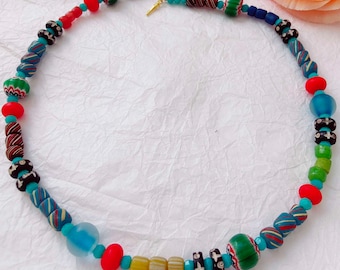 Czech Glass and African Glass Bead Necklace， Colourful Millefiori Handmade Statement Necklace