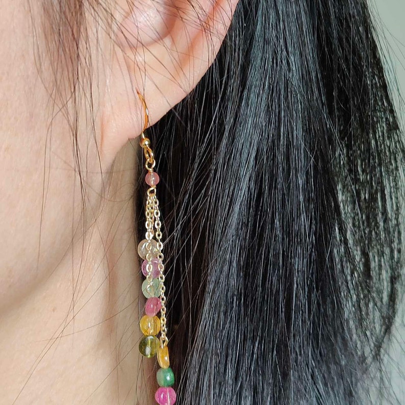 Multicolor Tourmaline Dangle Earrings, Minimalist Tourmaline gold chain earring, October Birthstone Gift image 3