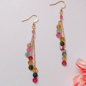 Multicolor Tourmaline Dangle Earrings, Minimalist Tourmaline gold chain earring, October Birthstone Gift image 1