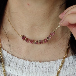 Minimalist 14K gold filled pink tourmaline necklace, Pink Tourmaline Flower layered Necklace，Handmade jewelry gift for her