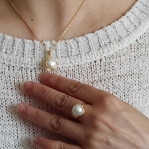 Birthstone jewelry gifts, 925 Gold Necklace,Stud earrings, Pearl ring,Pearl Bridal Jewelry Set,Wedding Jewelry Set,Gift for mon