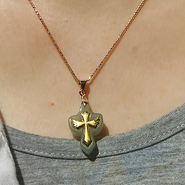 Pendentif en jade Hetian en croix d’or massif, pendentif collier d’ange en or pur Hetian Jade, cadeau personnalisé pour elle