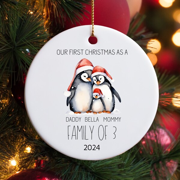 Family of 3 Ornament, Baby Penguin, Personalized family bauble, Baby's first Christmas, First born child, Three, Gift for new parents, xmas