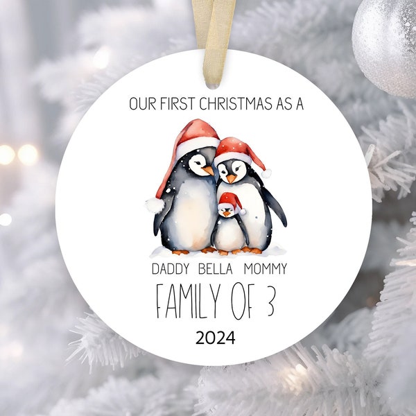 Family of 3 Ornament, Baby Penguin, Personalized family bauble, Baby's first Christmas, First born child, Three, Gift for new parents, xmas