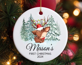 Baby's first Christmas, Custom Name Ornament, Baby Reindeer,  Personalized Keepsake, Newborn gift, First Ornament, Santa Baby, Woodland Xmas